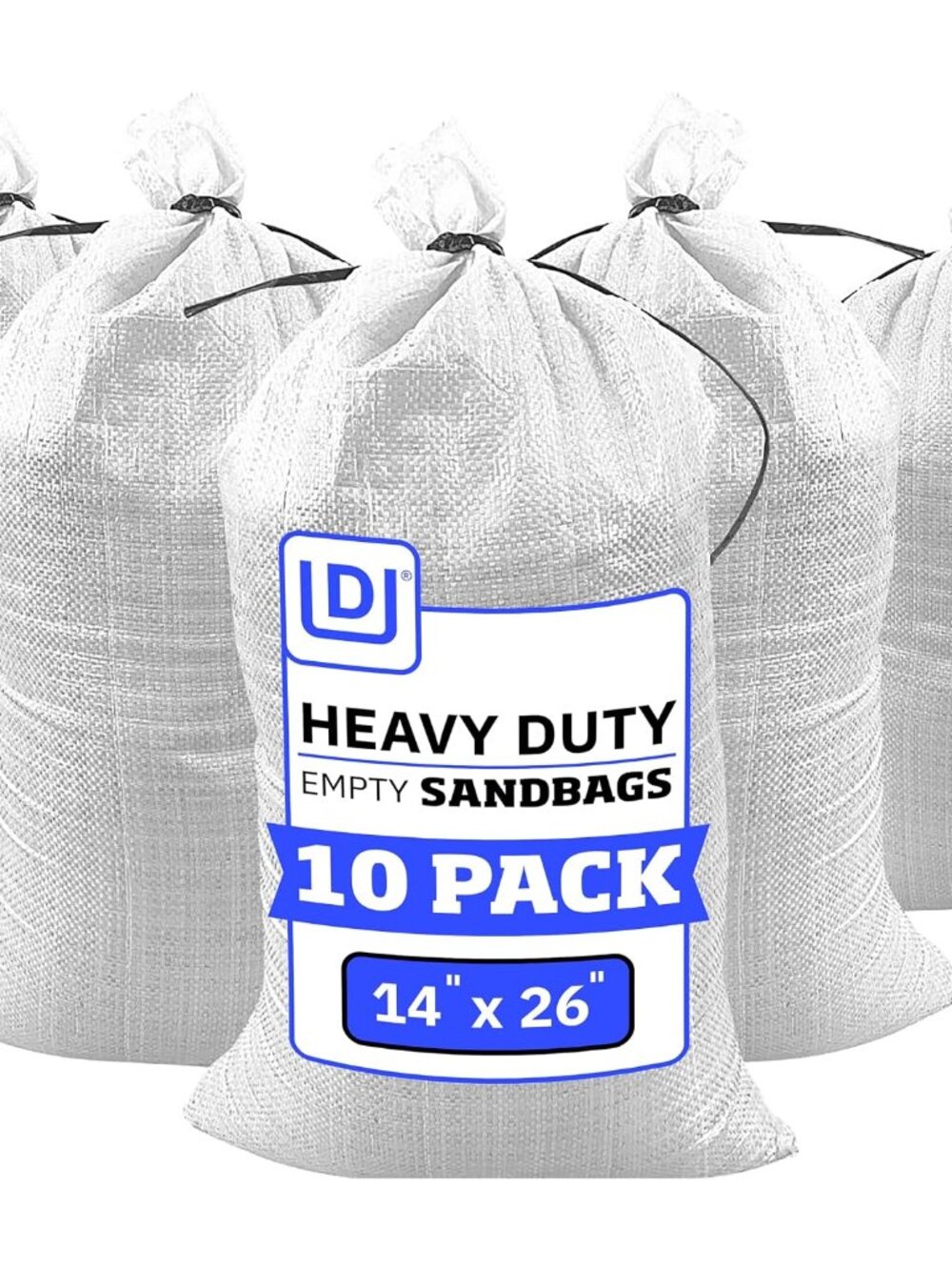 Heavy Duty Sandbags with Ties, 14x26, Empty, White, Pack of 10